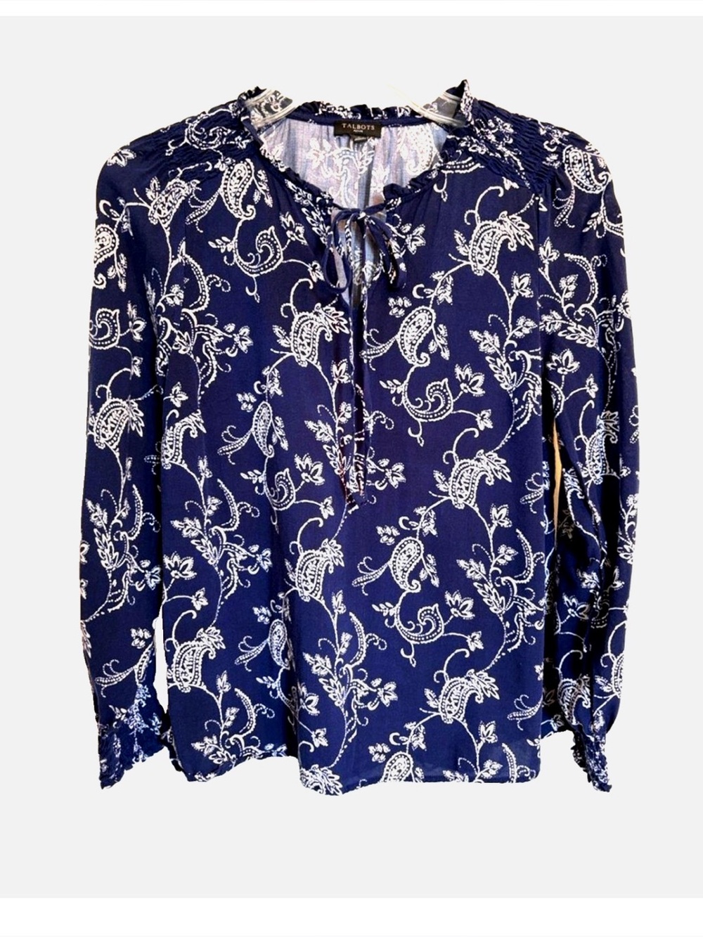 Talbots Petite Small Blue Paisley Tie Neck Blouse Long Sleeve Boho
